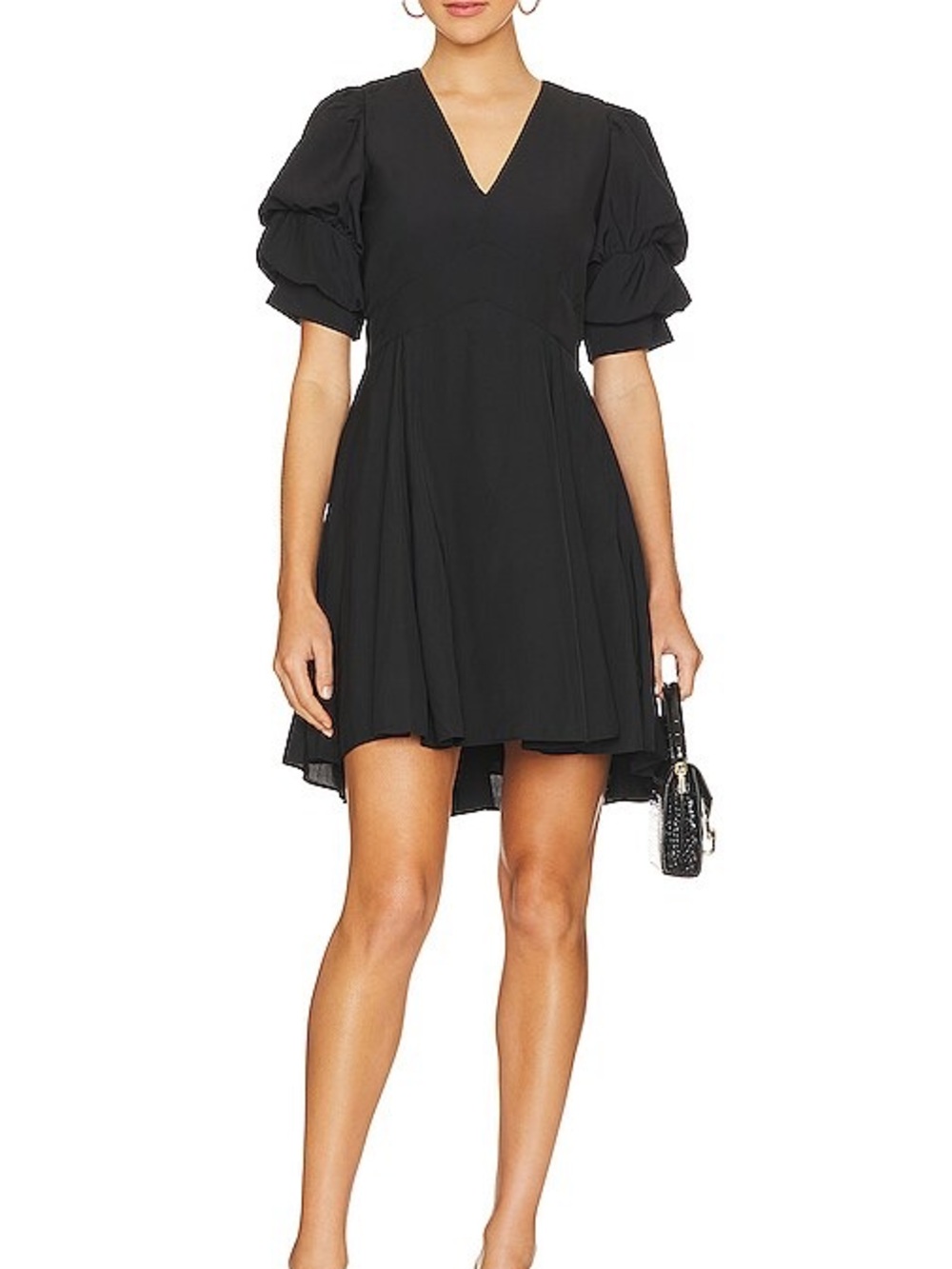 1. State Black Puff-Sleeve High-Low V-Neck Mini Dress